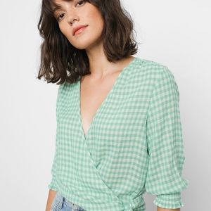 Rails | Raquel Linen-Blend Green Gingham Wrap Top